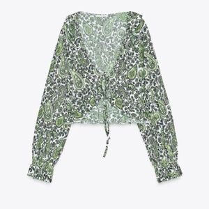 ZARA Ruffle V-Neck Top - Large - Greens